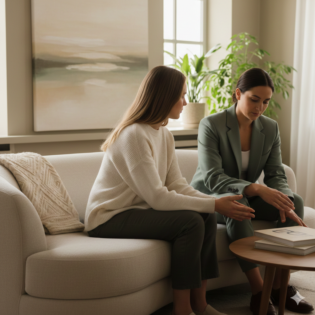 Dos mujeres sentadas en un sofá claro en un entorno de terapia acogedor con luz natural y tonos suaves.