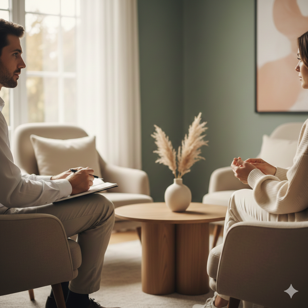 Sesión terapéutica en un consultorio cálido y moderno, con dos personas conversando en un ambiente tranquilo.