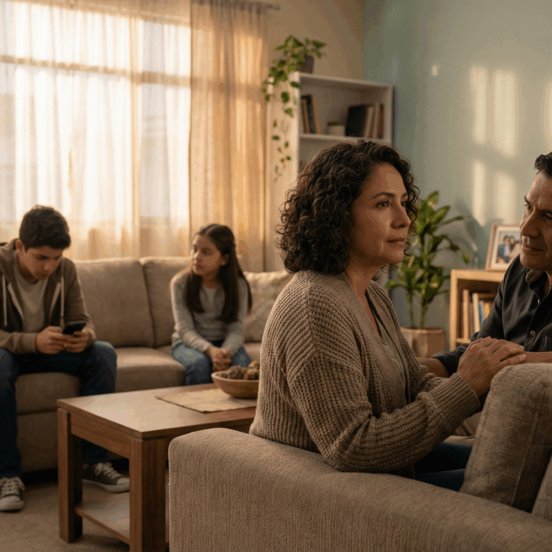 Una familia latinoamericana en una sala de estar iluminada por el sol. En primer plano, una madre con expresión preocupada es consolada por su pareja. En segundo plano, un hijo adolescente está sentado solo mirando su teléfono, mientras su hermana menor lo observa con preocupación.