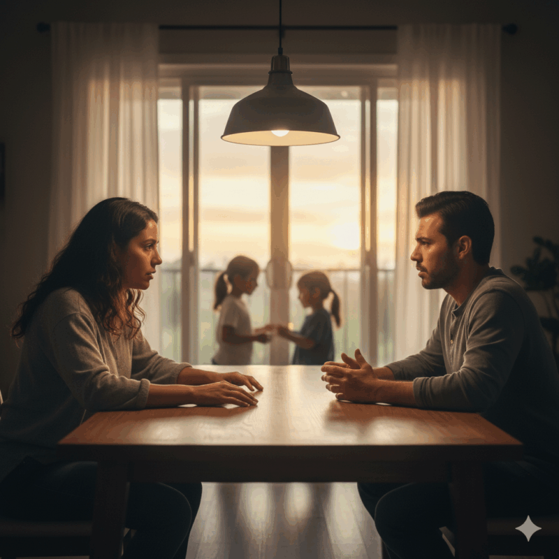Fotografía cinematográfica de una pareja latina en una mesa de comedor al atardecer, conversando seriamente con los hijos jugando al fondo.