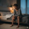 Mujer sentada al borde de su cama en una habitación tenue, con expresión de cansancio emocional y mirada reflexiva, en un ambiente nocturno.