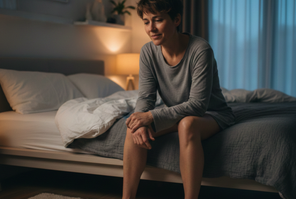 Mujer sentada al borde de su cama en una habitación tenue, con expresión de cansancio emocional y mirada reflexiva, en un ambiente nocturno.