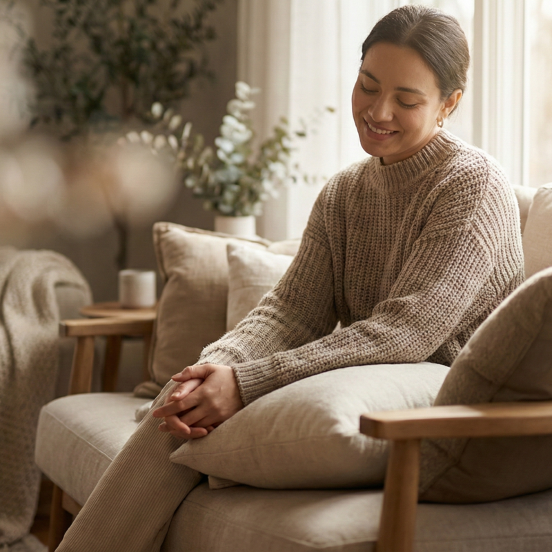 Mujer sentada en un sillón, sonriendo con serenidad en una sala acogedora, representando calma emocional y bienestar interior.